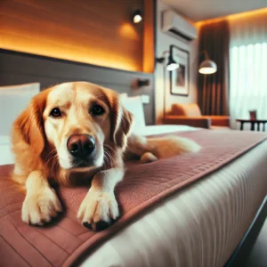 A_dog_lying_on_a_pet-friendly_hotel_bed_looking