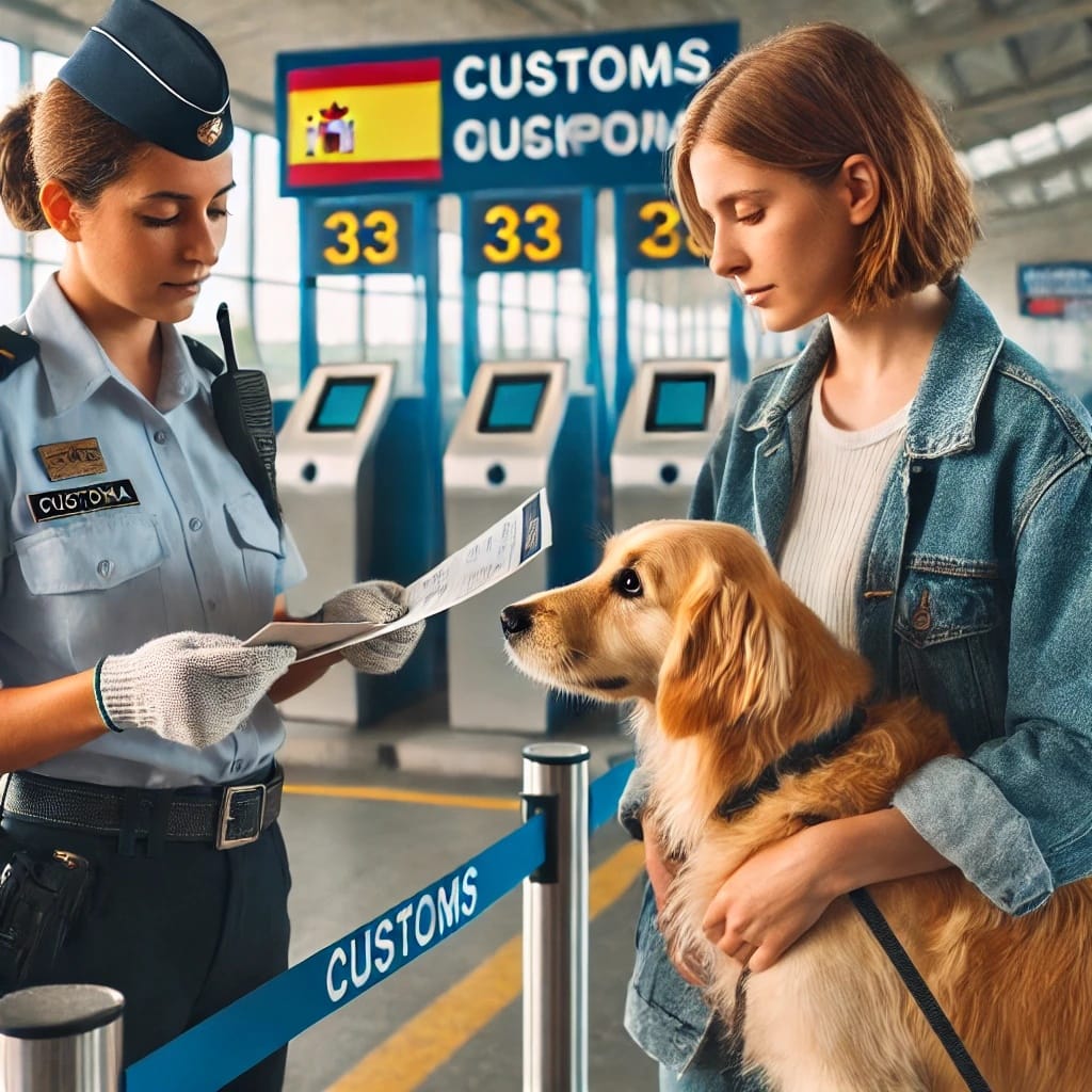 A woman with her dog at the customs checkpoint in Spain.